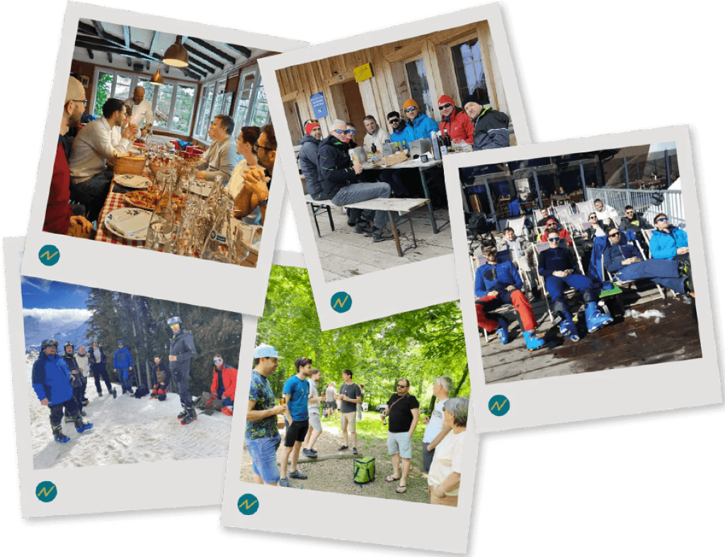 Photos illustrants des sorties d'équipe dans des lieux divers tels que la montagne, le ski, randonnée et autre.
